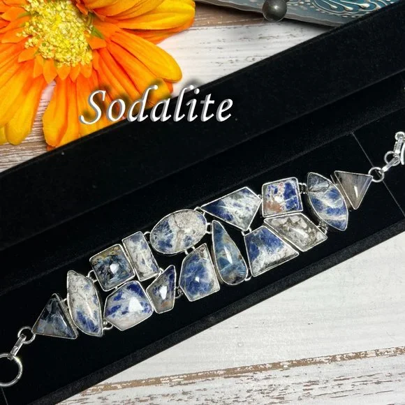 Sodalite Bracelet Handmade Stone Gemstone 925 Silver Large Ethnic Bohemian New!